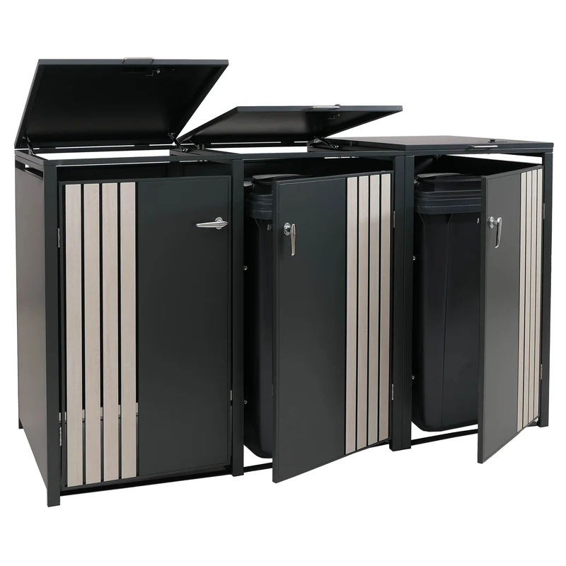 Cache-poubelles triple avec couvercle abri pour 3 poubelles 80 à 240 L métal anthracite effet bois clair 04_0009347