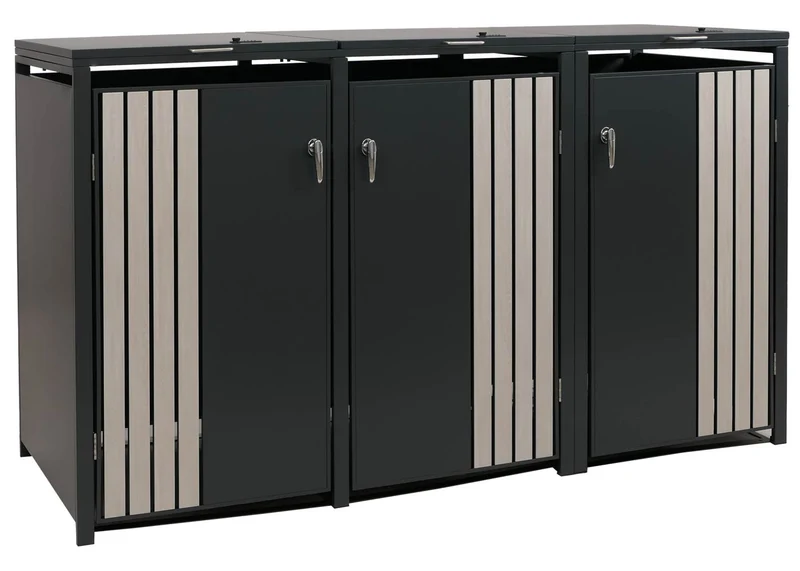 Cache-poubelles triple avec couvercle abri pour 3 poubelles 80 à 240 L métal anthracite effet bois clair 04_0009347