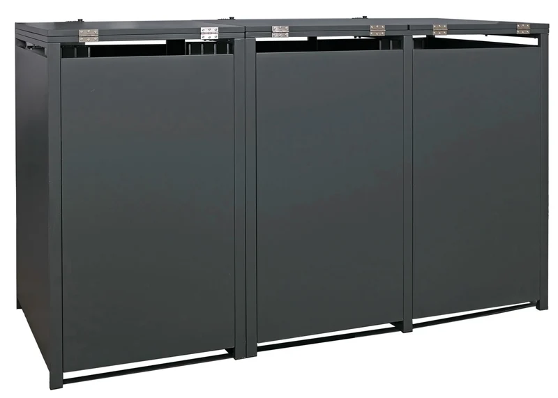Cache-poubelles triple avec couvercle abri pour 3 poubelles 80 à 240 L métal anthracite effet bois clair 04_0009347