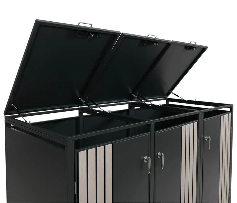 Cache-poubelles triple avec couvercle abri pour 3 poubelles 80 à 240 L métal anthracite effet bois clair 04_0009347