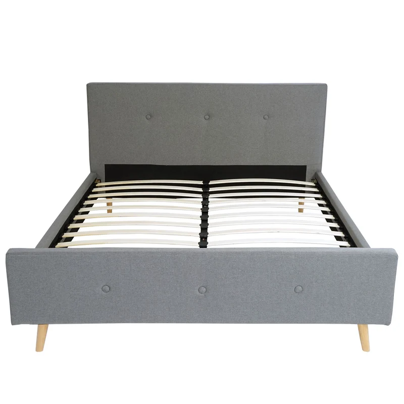 Lit double rembourré 160x200 cm gris avec sommier à lattes cadre de lit en bois massif avec tête de lit capitonnée 04_0010473