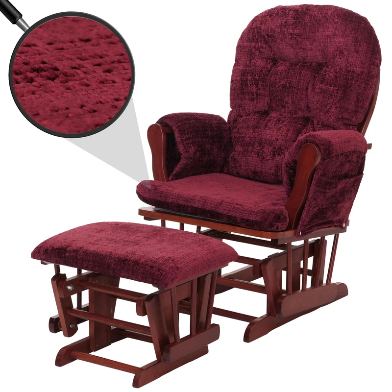 Fauteuil relax à bascule avec repose-pieds en tissu chenille bordeaux fauteuil TV confortable avec structure bois massif 04_0009925