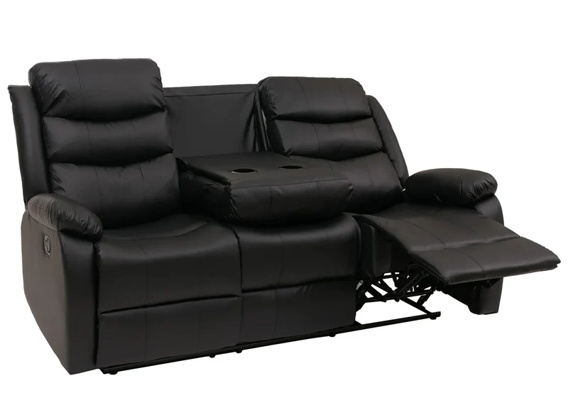 Canapé cinéma 3 places inclinable en similicuir noir fauteuil home cinéma avec repose-pieds porte-gobelets et fonction relax 04_0009404