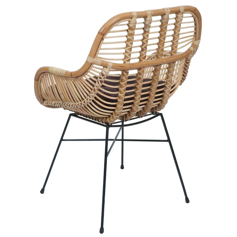 Chaise de salle à manger en rotin Kubu naturel avec coussin marron avec accoudoirs et structure métal style naturel bohème 04_0009155