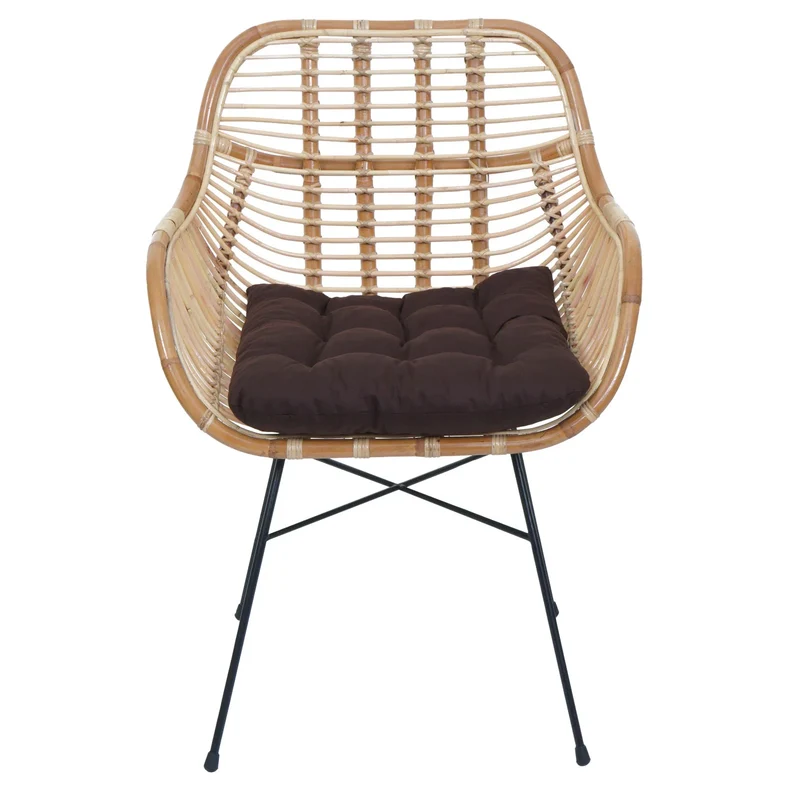 Chaise de salle à manger en rotin Kubu naturel avec coussin marron avec accoudoirs et structure métal style naturel bohème 04_0009155