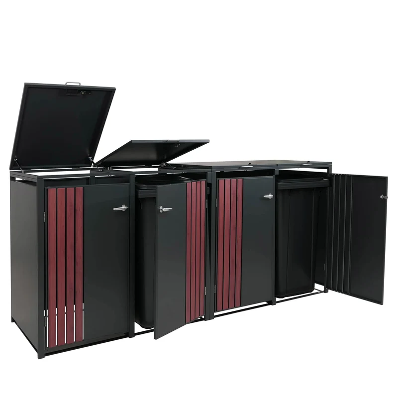 Cache-poubelles extérieur pour 4 bacs 80 à 240 L en acier anthracite effet bois abri poubelles avec couvercle et portes verrouillables 264 x 84 x 122 cm 04_0009342