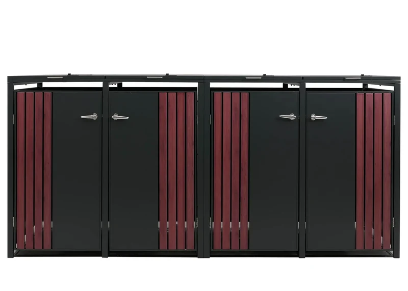 Cache-poubelles extérieur pour 4 bacs 80 à 240 L en acier anthracite effet bois abri poubelles avec couvercle et portes verrouillables 264 x 84 x 122 cm 04_0009342