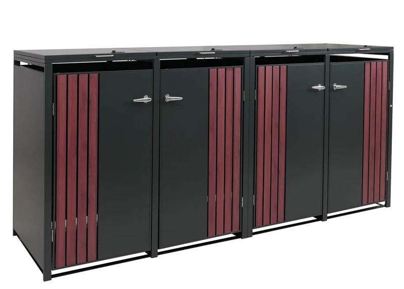 Cache-poubelles extérieur pour 4 bacs 80 à 240 L en acier anthracite effet bois abri poubelles avec couvercle et portes verrouillables 264 x 84 x 122 cm 04_0009342