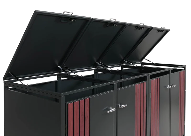 Cache-poubelles extérieur pour 4 bacs 80 à 240 L en acier anthracite effet bois abri poubelles avec couvercle et portes verrouillables 264 x 84 x 122 cm 04_0009342