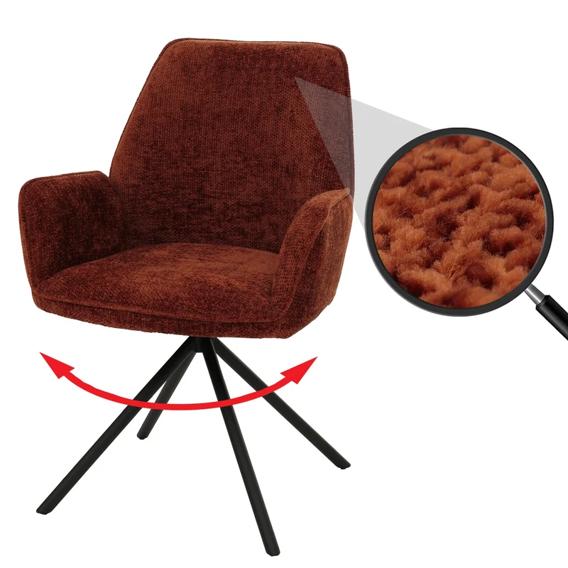 Chaise de salle à manger pivotante avec accoudoirs fonction Auto-Position 180° en chenille rouge-brun piètement métal 04_0009238