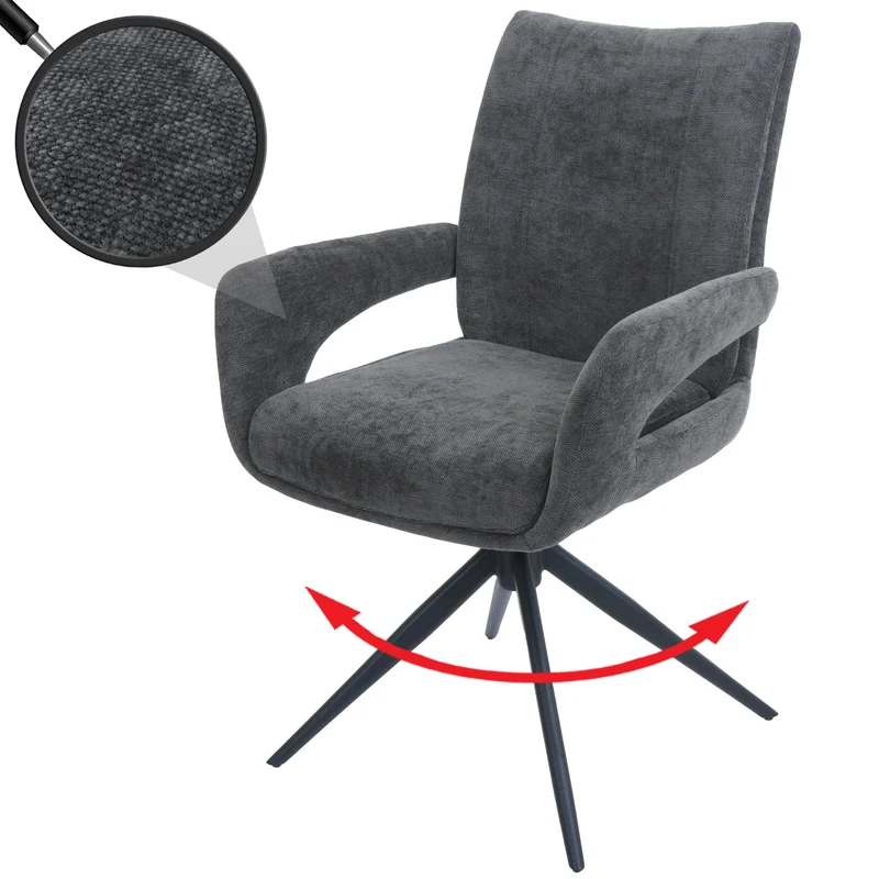 Chaise de salle à manger pivotante moderne accoudoirs enveloppants 90 x 60 x 60 cm confort d'assise ergonomique en tissu chenille gris foncé 04_0009336