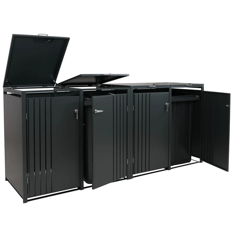 Cache-poubelles extérieur pour 4 bacs 80 à 240 L en acier anthracite abri poubelles avec couvercles et portes verrouillables 264 x 84 x 122 cm 04_0009344