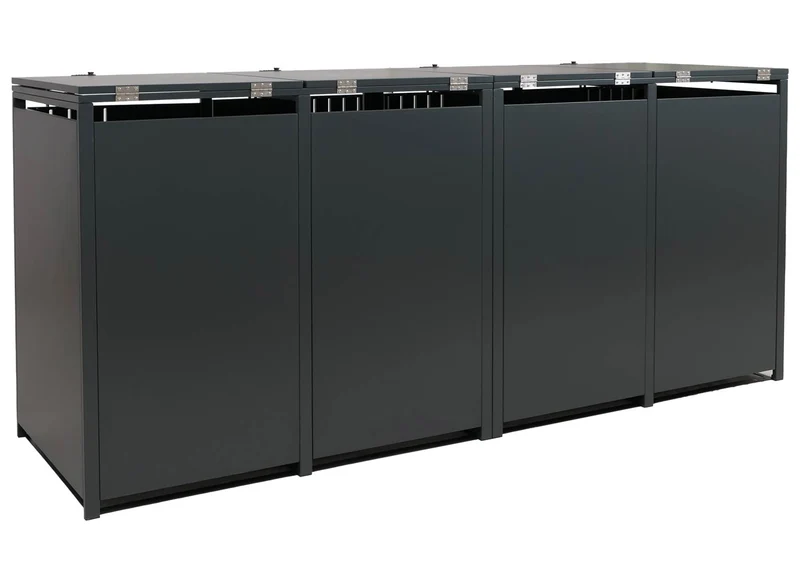 Cache-poubelles extérieur pour 4 bacs 80 à 240 L en acier anthracite abri poubelles avec couvercles et portes verrouillables 264 x 84 x 122 cm 04_0009344