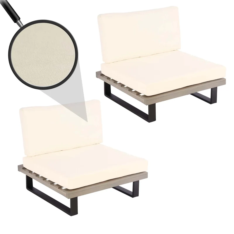 Lot de 2 fauteuils lounge de jardin en bois d’acacia et aluminium pour extérieurs avec coussins crème 04_0009393