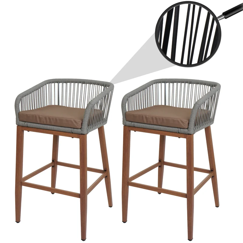 Lot de 2 tabourets de bar design avec corde tressée pour intérieur et extérieur avec coussins taupe structure métal effet bois 04_0009604
