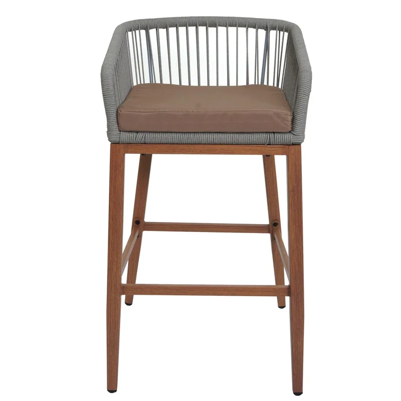 Lot de 2 tabourets de bar design avec corde tressée pour intérieur et extérieur avec coussins taupe structure métal effet bois 04_0009604