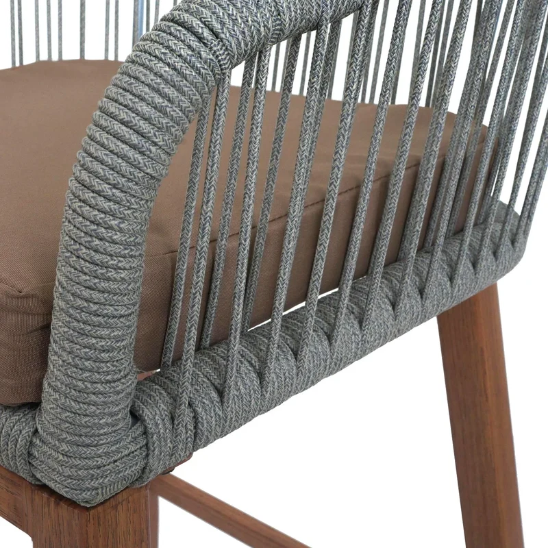 Lot de 2 tabourets de bar design avec corde tressée pour intérieur et extérieur avec coussins taupe structure métal effet bois 04_0009604