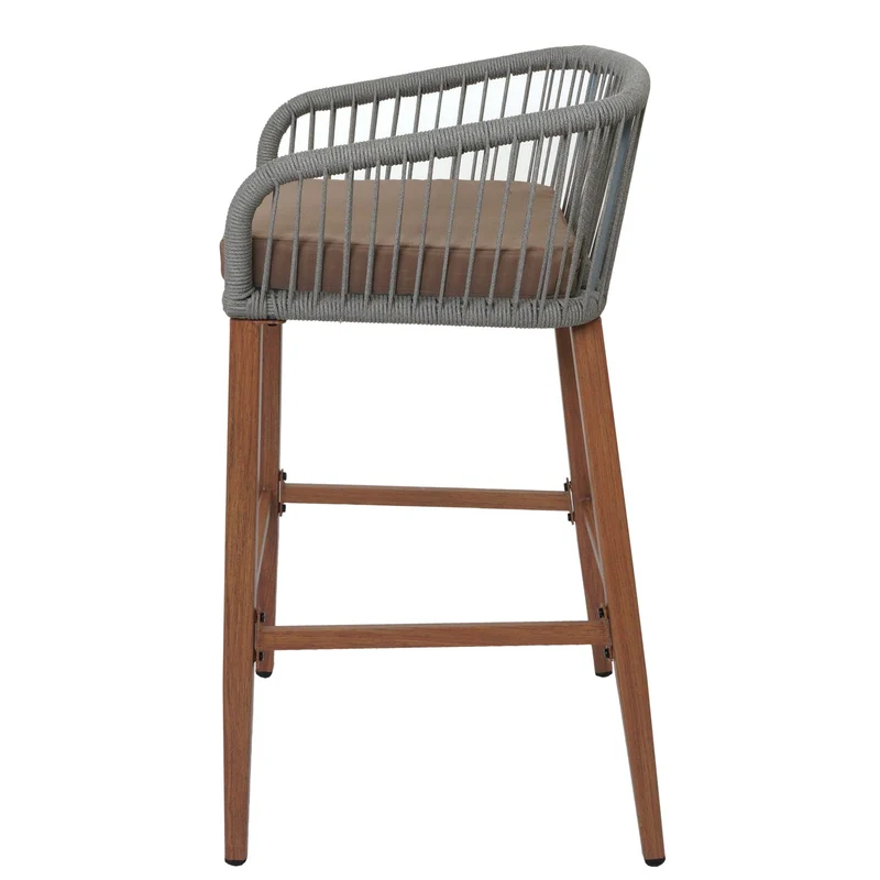 Lot de 2 tabourets de bar design avec corde tressée pour intérieur et extérieur avec coussins taupe structure métal effet bois 04_0009604
