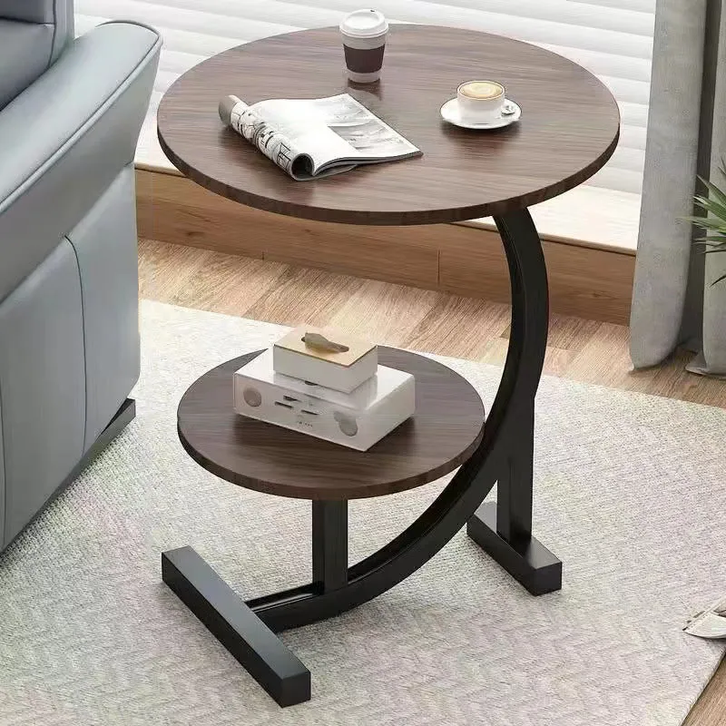 Contemporary Scandinavian Medium-density fiberboard Iron C-Shaped Round End Table 2-Tier For Living Room