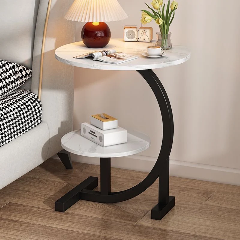 Contemporary Scandinavian Medium-density fiberboard Iron C-Shaped Round End Table 2-Tier For Living Room