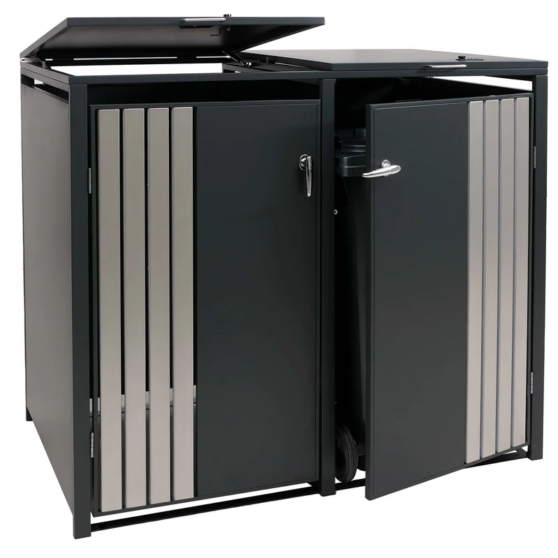 Cache-poubelles extérieur pour 2 bacs 80 à 240 L en acier anthracite abri poubelles avec couvercles portes verrouillables et vérins à gaz 132 x 84 x 122 cm 04_0009349