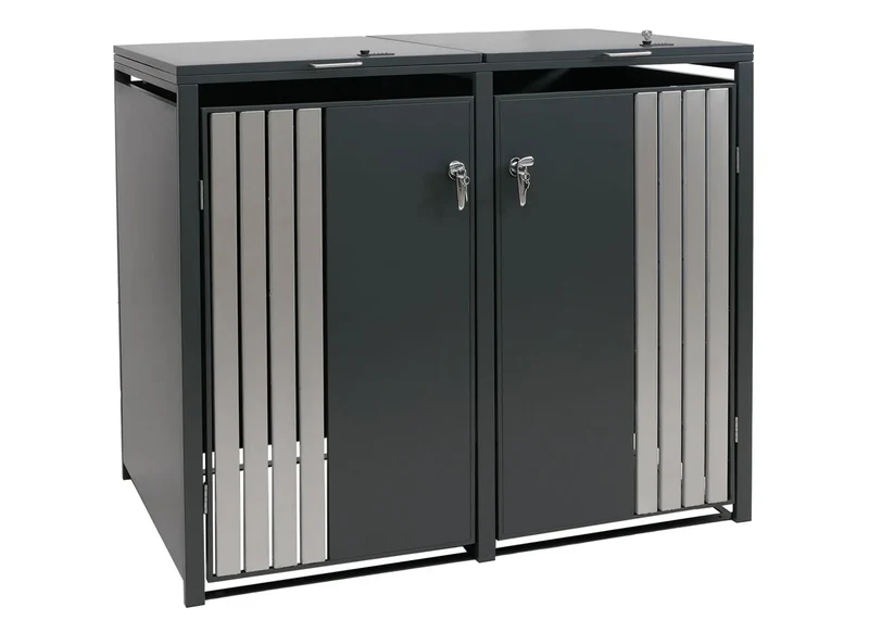 Cache-poubelles extérieur pour 2 bacs 80 à 240 L en acier anthracite abri poubelles avec couvercles portes verrouillables et vérins à gaz 132 x 84 x 122 cm 04_0009349