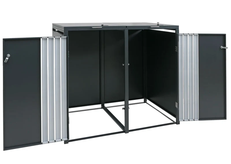 Cache-poubelles extérieur pour 2 bacs 80 à 240 L en acier anthracite abri poubelles avec couvercles portes verrouillables et vérins à gaz 132 x 84 x 122 cm 04_0009349