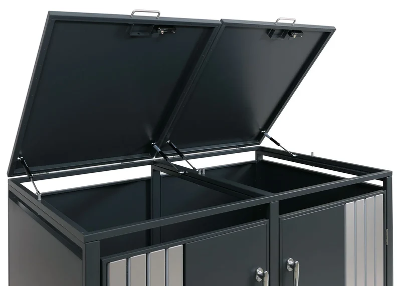 Cache-poubelles extérieur pour 2 bacs 80 à 240 L en acier anthracite abri poubelles avec couvercles portes verrouillables et vérins à gaz 132 x 84 x 122 cm 04_0009349