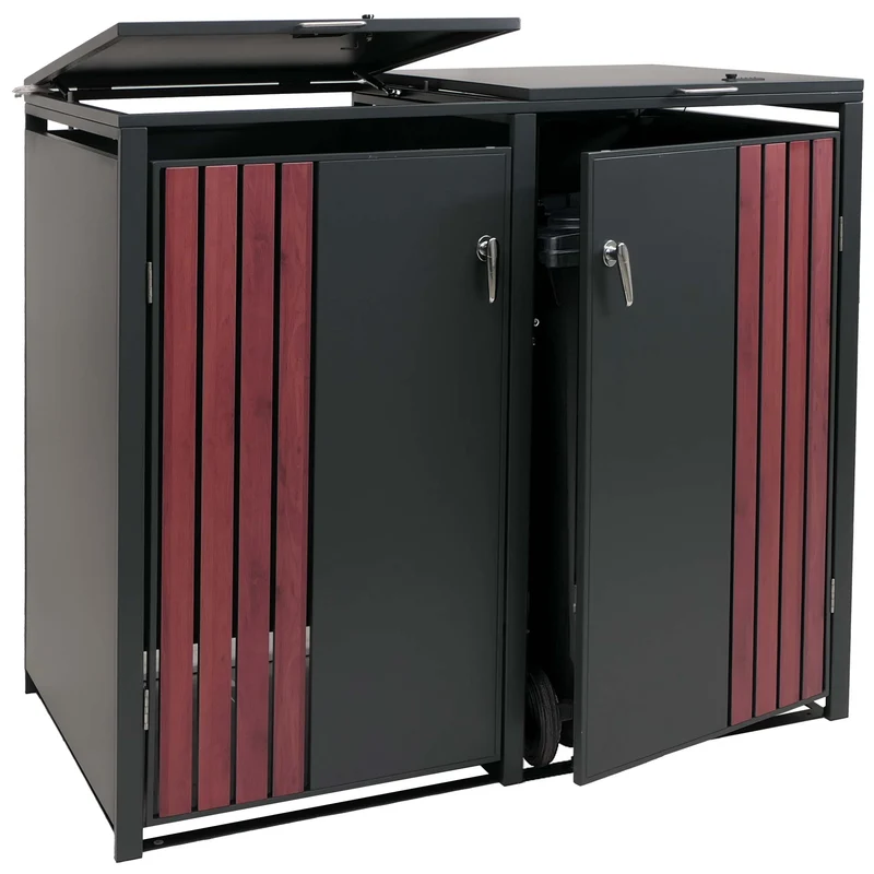 Cache-poubelles extérieur pour 2 bacs 80 à 240 L en acier anthracite effet bois foncé abri poubelles avec couvercles et portes verrouillables 132 x 84 x 122 cm 04_0009350