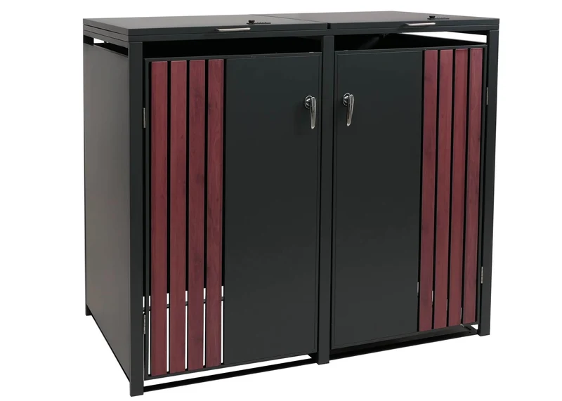 Cache-poubelles extérieur pour 2 bacs 80 à 240 L en acier anthracite effet bois foncé abri poubelles avec couvercles et portes verrouillables 132 x 84 x 122 cm 04_0009350
