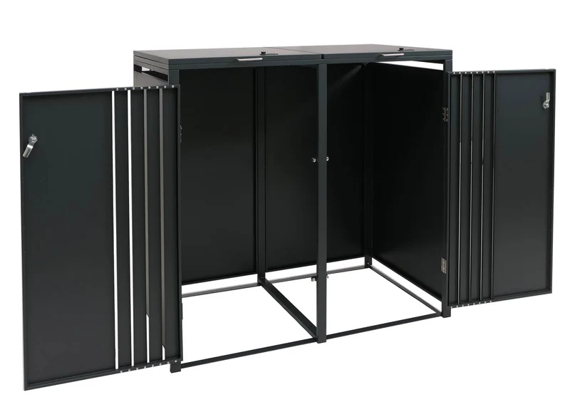 Cache-poubelles extérieur pour 2 bacs 80 à 240 L en acier anthracite effet bois foncé abri poubelles avec couvercles et portes verrouillables 132 x 84 x 122 cm 04_0009350