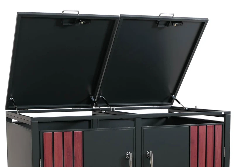 Cache-poubelles extérieur pour 2 bacs 80 à 240 L en acier anthracite effet bois foncé abri poubelles avec couvercles et portes verrouillables 132 x 84 x 122 cm 04_0009350