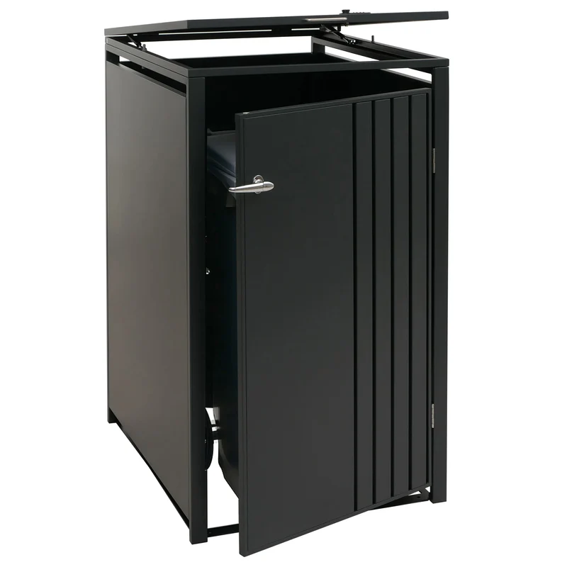 Cache-poubelle extérieur pour 1 bac 80 à 240 L en acier anthracite abri poubelle avec couvercle et porte verrouillables 68 x 84 x 122 cm 04_0009355