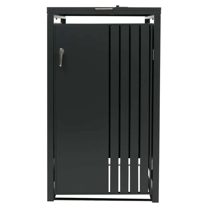 Cache-poubelle extérieur pour 1 bac 80 à 240 L en acier anthracite abri poubelle avec couvercle et porte verrouillables 68 x 84 x 122 cm 04_0009355