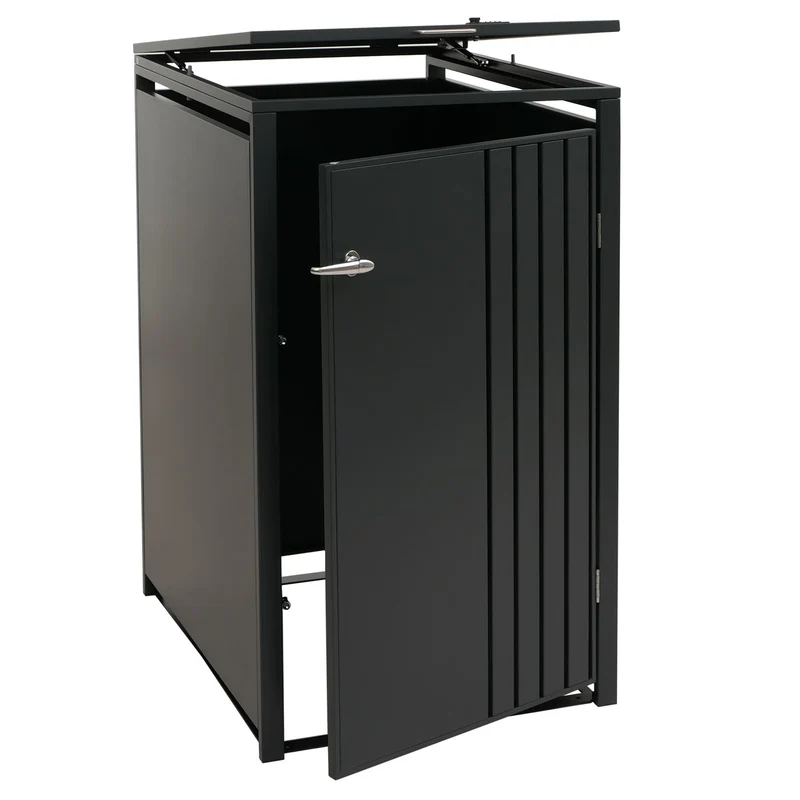 Cache-poubelle extérieur pour 1 bac 80 à 240 L en acier anthracite abri poubelle avec couvercle et porte verrouillables 68 x 84 x 122 cm 04_0009355