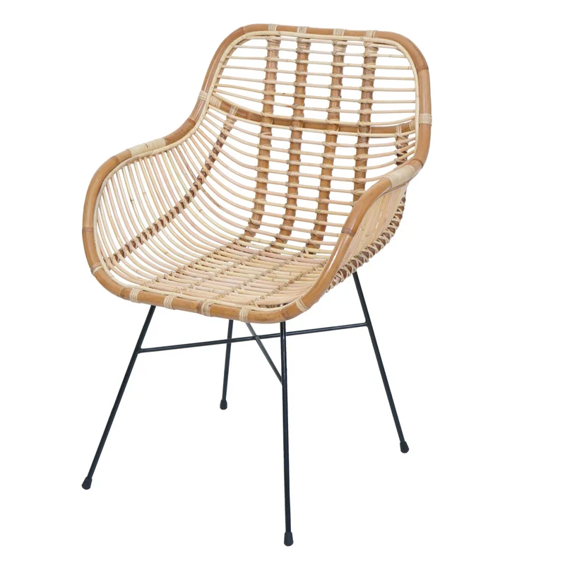 Chaise de salle à manger en rotin Kubu naturel avec coussin crème avec accoudoirs et structure métal style naturel bohème moderne 04_0009161