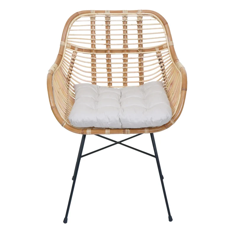 Chaise de salle à manger en rotin Kubu naturel avec coussin crème avec accoudoirs et structure métal style naturel bohème moderne 04_0009161