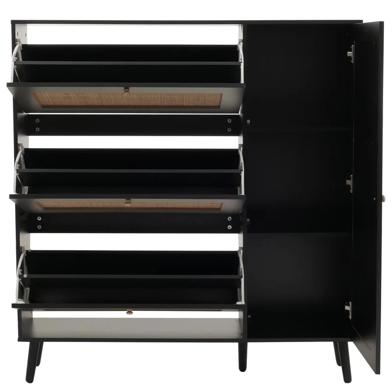 Meuble à chaussures armoire à chaussures avec 3 compartiments basculants et 2 étagères 127 x 120 x 24 cm bois mélaminé noir avec rotin Kubu naturel 04_0009450