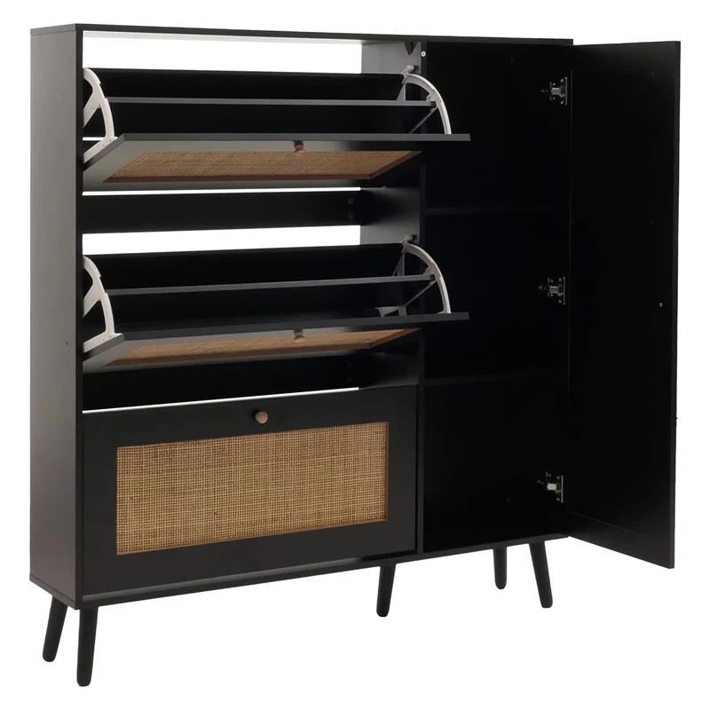 Meuble à chaussures armoire à chaussures avec 3 compartiments basculants et 2 étagères 127 x 120 x 24 cm bois mélaminé noir avec rotin Kubu naturel 04_0009450