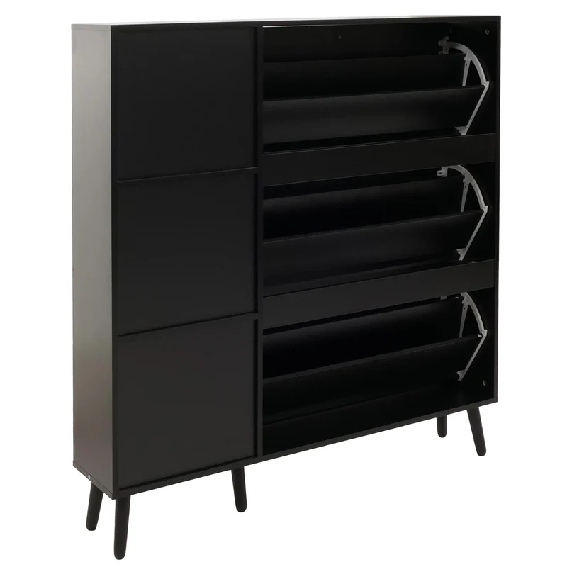 Meuble à chaussures armoire à chaussures avec 3 compartiments basculants et 2 étagères 127 x 120 x 24 cm bois mélaminé noir avec rotin Kubu naturel 04_0009450