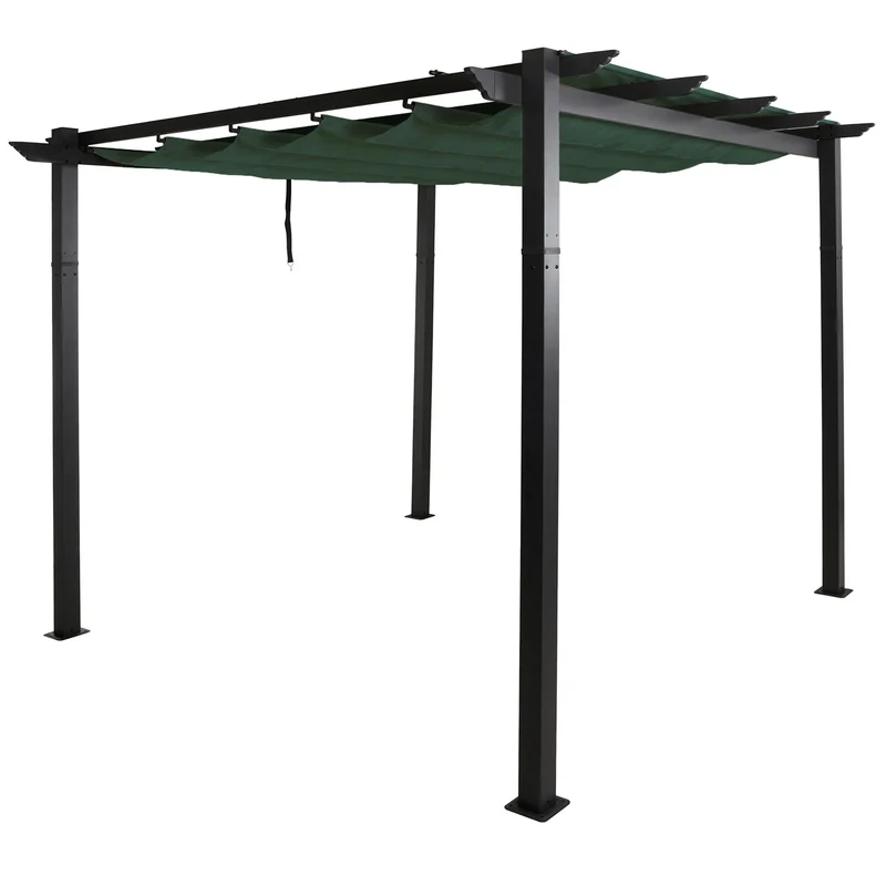 Pergola aluminium pavillon de jardin terrasse 3x3 m avec toit coulissant réglable structure 8 cm tissu polyester UV50+ vert 04_0009719