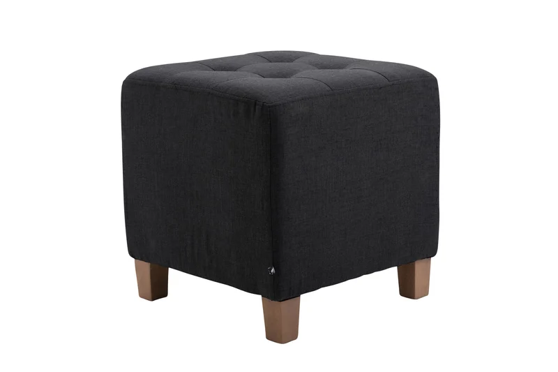Tabouret bas repose-pieds pouf capitonné en tissu noir pieds en bois 45x46 cm 10_0000162