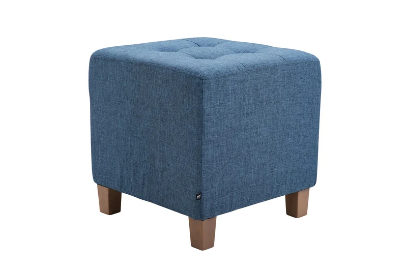 Tabouret bas repose-pieds pouf capitonné en tissu bleu pieds en bois 45x46 cm 10_0000158