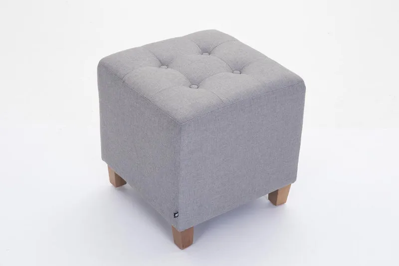Tabouret bas repose-pieds pouf capitonné en tissu gris clair pieds en bois 45x46 cm 10_0000061