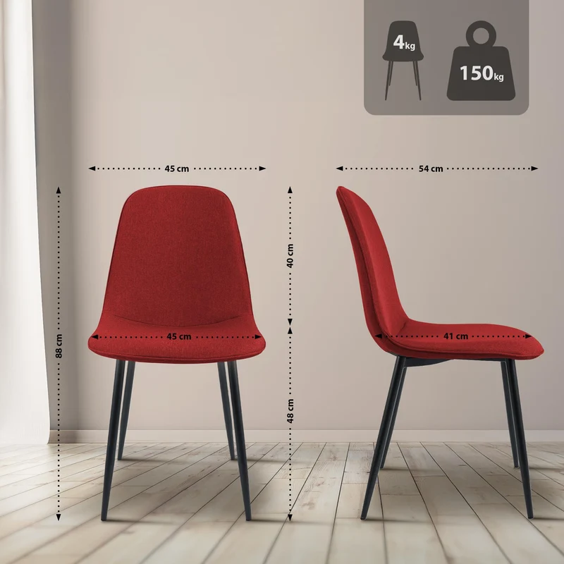 Lot de 2 chaises de salle à manger élégantes et minimalistes en tissu rouge cadre en métal noir 10_0007452