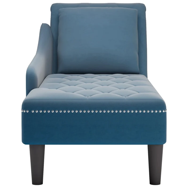 Méridienne chaise longue pour intérieur avec coussin et accoudoir droit en velours bleu bouton décoratif DEC026252