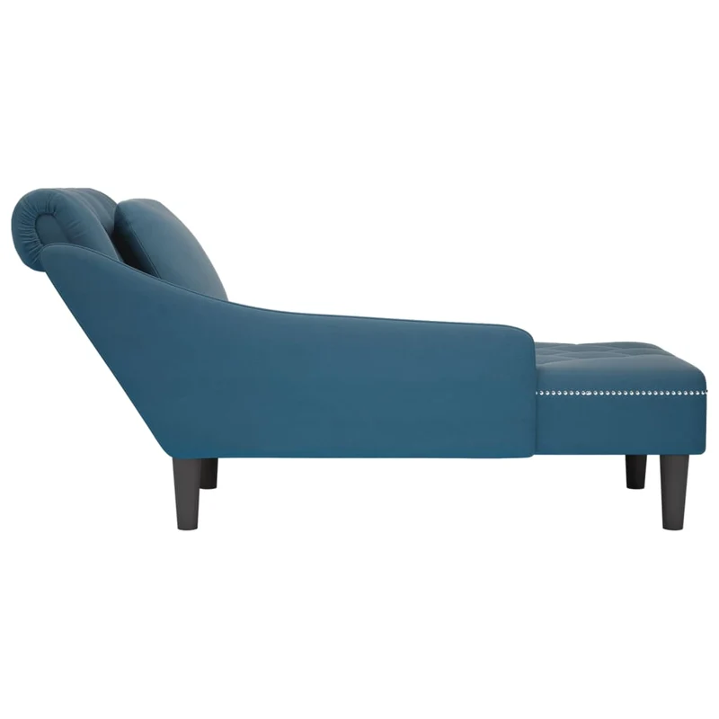 Méridienne chaise longue pour intérieur avec coussin et accoudoir droit en velours bleu bouton décoratif DEC026252