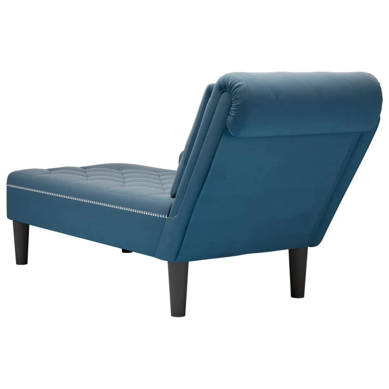 Méridienne chaise longue pour intérieur avec coussin et accoudoir droit en velours bleu bouton décoratif DEC026252