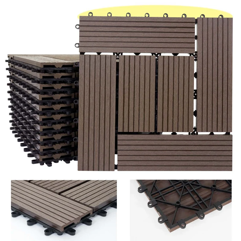 Carrelage de sol WPC balcon terrasse aspect bois 11 pièces 30x30cm 1m² décalage en teck couleur café 04_0005437