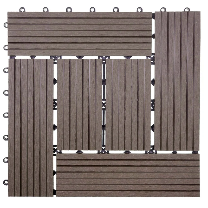 Carrelage de sol WPC balcon terrasse aspect bois 11 pièces 30x30cm 1m² décalage en teck couleur café 04_0005437